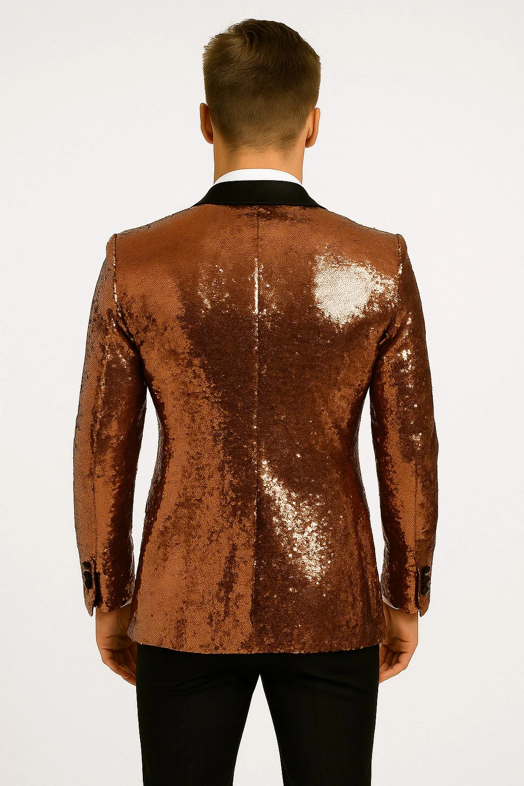 Mens Rose Gold Sequin Tuxedo Jacket with Black Satin Shawl Lapel and Matching Bow Tie - Image 3