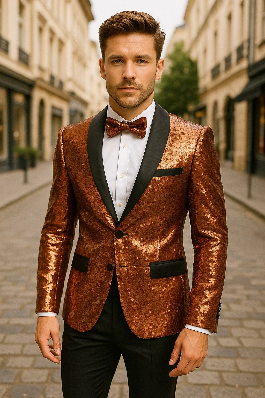 Mens Rose Gold Sequin Tuxedo Jacket with Black Satin Shawl Lapel and Matching Bow Tie - Image 4