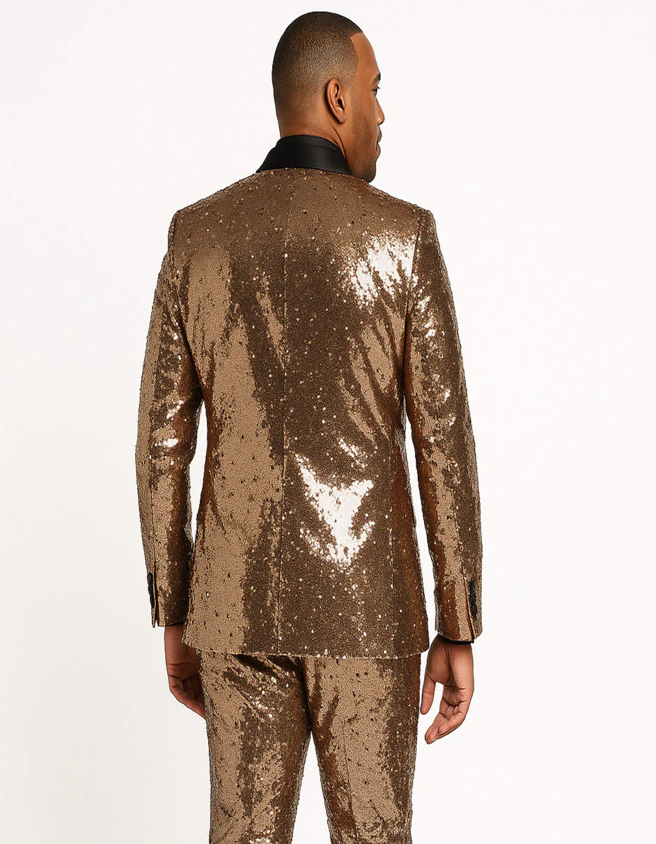 Men's Rose Gold Sequin Tuxedo Suit with Black Satin Lapel ƒ?? Luxury Slim Fit Blazer for Parties and Events - Image 3