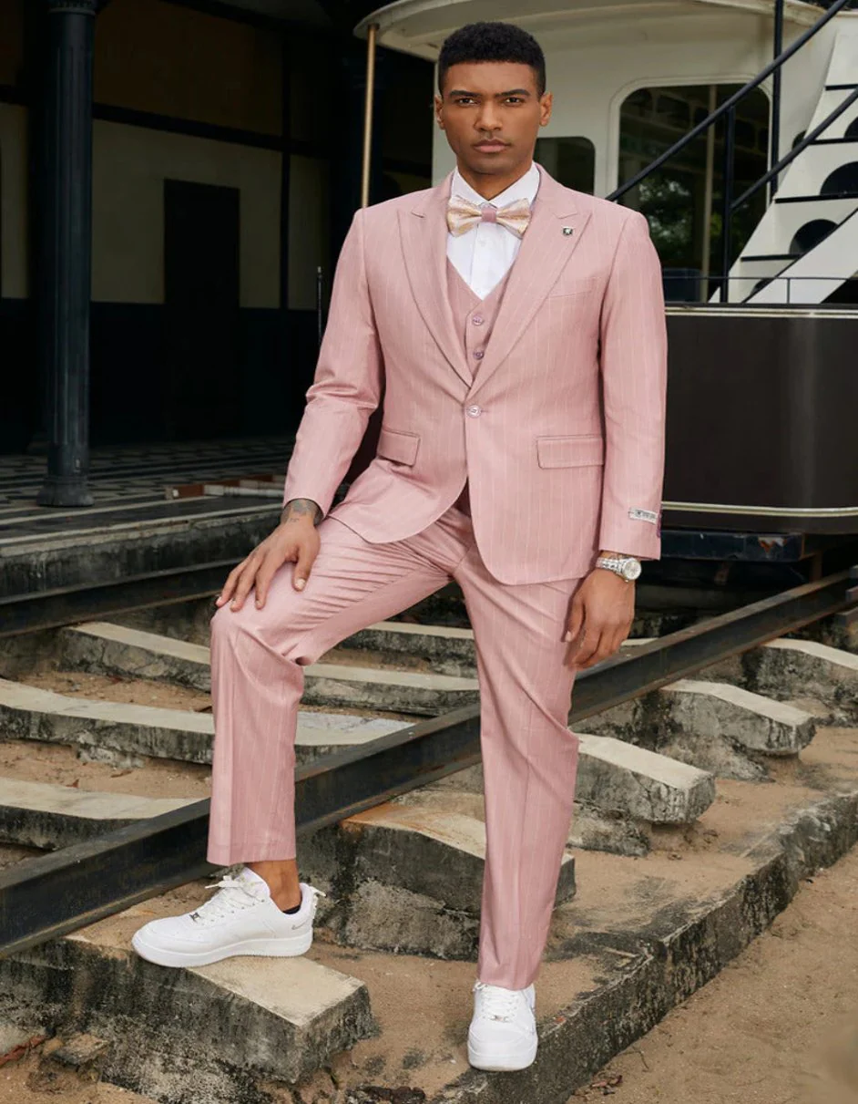 Mens Rose Tuxedo - Men's Stacy Adam's One Button Vested Modern Rose Pink Pinstripe Suit - Image 3