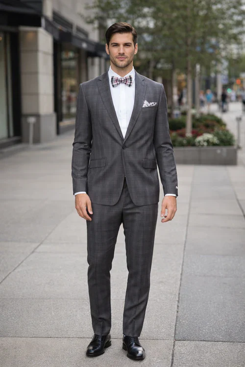 Men's Rossiman Rossi Man Brand Charcoal Plaid Tapered Leg Lower Rise Pant & Get Skinny 1 Button Slim Fit Peak Lapel Suit - Image 7