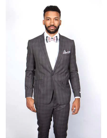 Men's Rossiman Rossi Man Brands Charcoal Plaid Tapered Leg Lower Rise Pants & Get Skinny 1 Button Slim Fit Peak Lapel Suits - Image 9