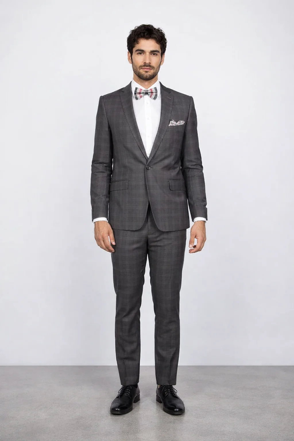 Men's Rossiman Rossi Man Brands Charcoal Plaid Tapered Leg Lower Rise Pants & Get Skinny 1 Button Slim Fit Peak Lapel Suits