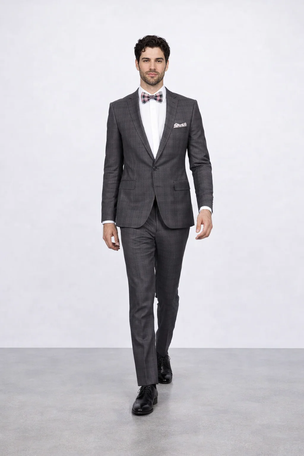 Men's Rossiman Rossi Man Brands Charcoal Plaid Tapered Leg Lower Rise Pants & Get Skinny 1 Button Slim Fit Peak Lapel Suits - Image 5