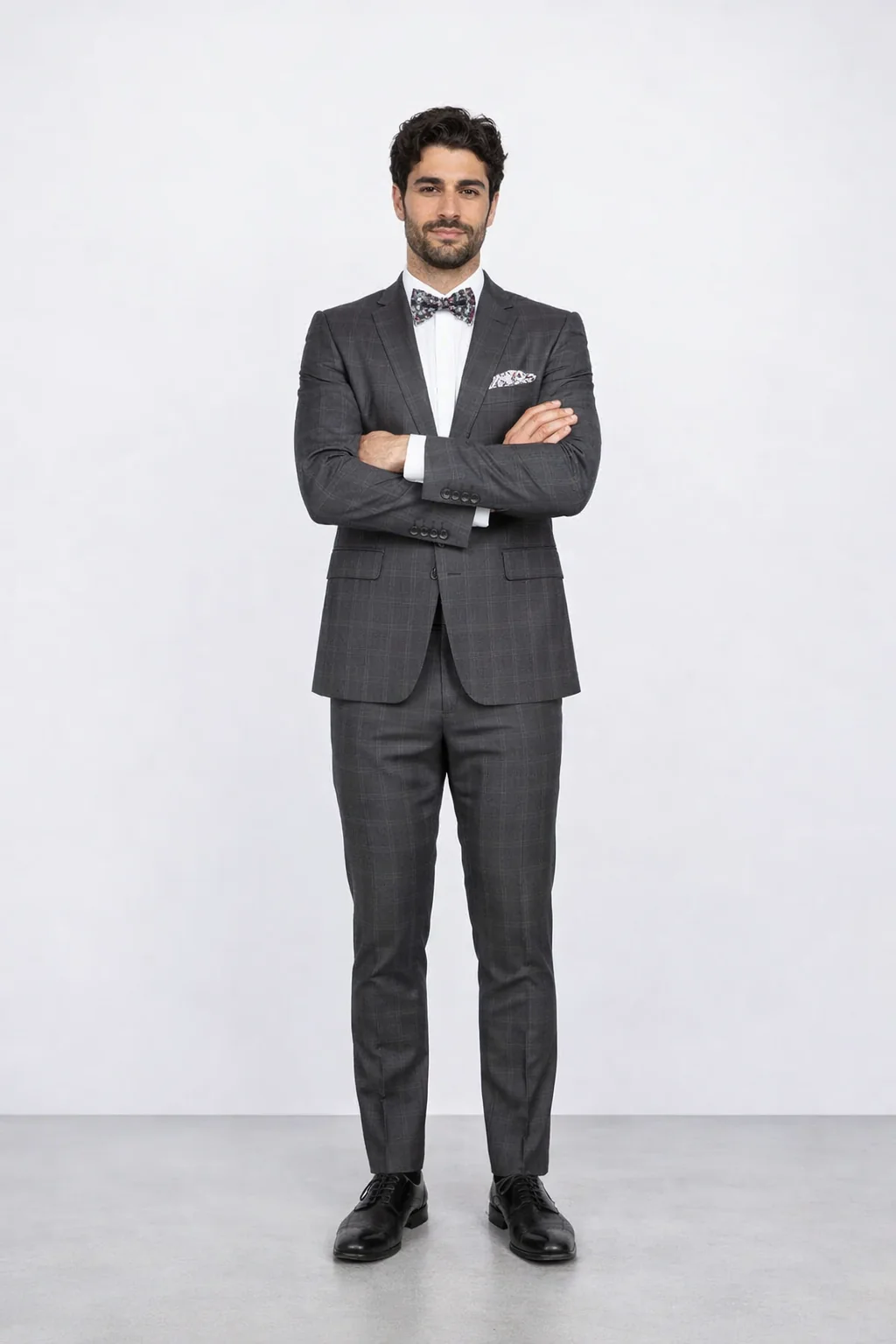 Men's Rossiman Rossi Man Brands Charcoal Plaid Tapered Leg Lower Rise Pants & Get Skinny 1 Button Slim Fit Peak Lapel Suits - Image 4
