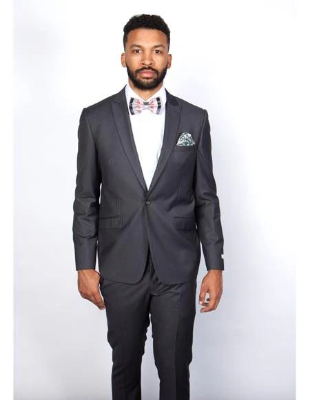 Men's Rossiman Rossi Man Brand Gray Tapered Leg Lower Rise Pants & Get Skinny 100% Wool 1 Button Slim Fit Peak Lapel Suit - Image 9