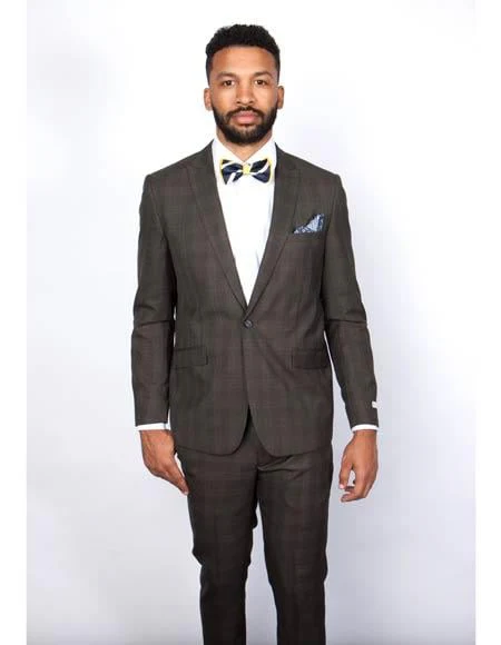 Men's Rossiman Rossi Man Brand Plaid Tapered Leg Lower Rise Pants & Get Skinny Brown 1 Button Slim Fit Peak Lapel Suit - Image 9