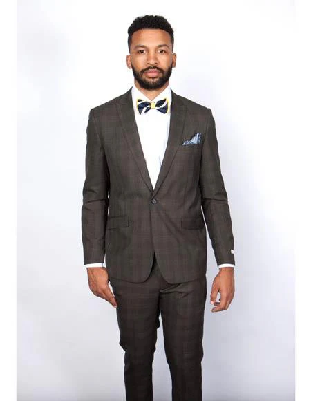Men's Rossiman Rossi Man Brand Plaid Tapered Leg Lower Rise Pants & Get Skinny Brown 1 Button Slim Fit Peak Lapel Suit - Image 9