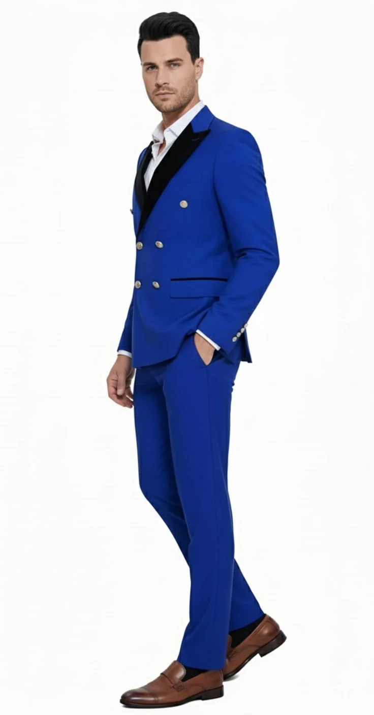 Mens Royal Blue Double-Breasted Tuxedo Suit – Modern Slim Fit Formal Wedding and Prom Outfit with Black Satin Lapel - Image 2