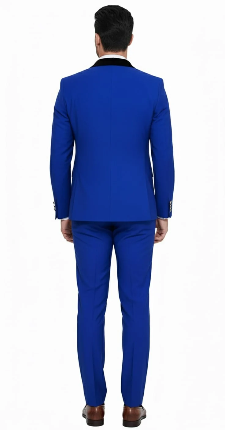 Mens Royal Blue Double-Breasted Tuxedo Suit – Modern Slim Fit Formal Wedding and Prom Outfit with Black Satin Lapel - Image 3