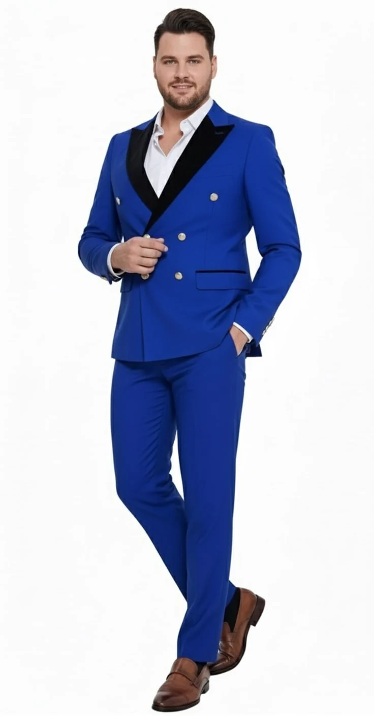 Mens Royal Blue Double-Breasted Tuxedo Suit – Modern Slim Fit Formal Wedding and Prom Outfit with Black Satin Lapel - Image 4