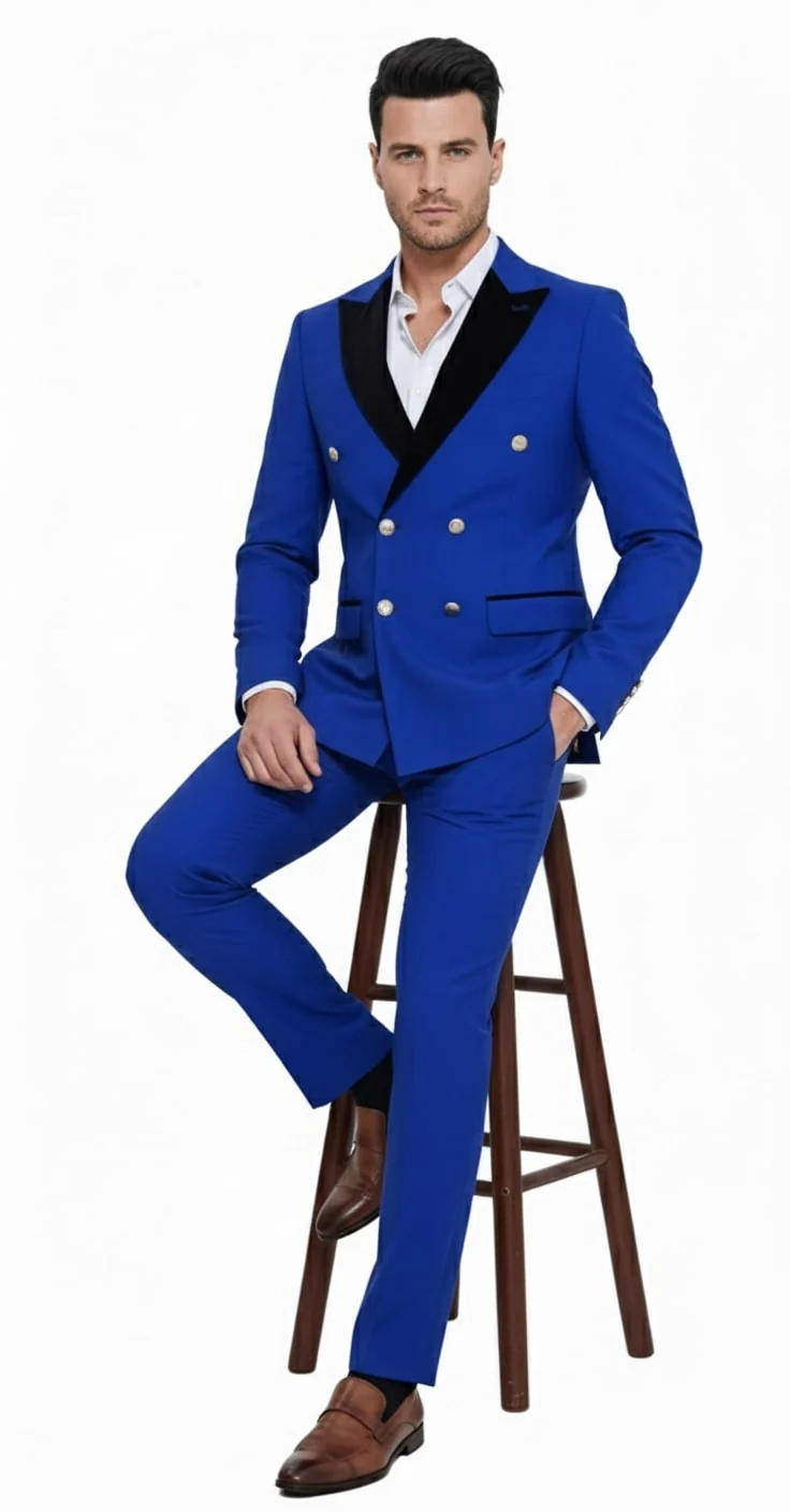 Mens Royal Blue Double-Breasted Tuxedo Suit – Modern Slim Fit Formal Wedding and Prom Outfit with Black Satin Lapel - Image 5