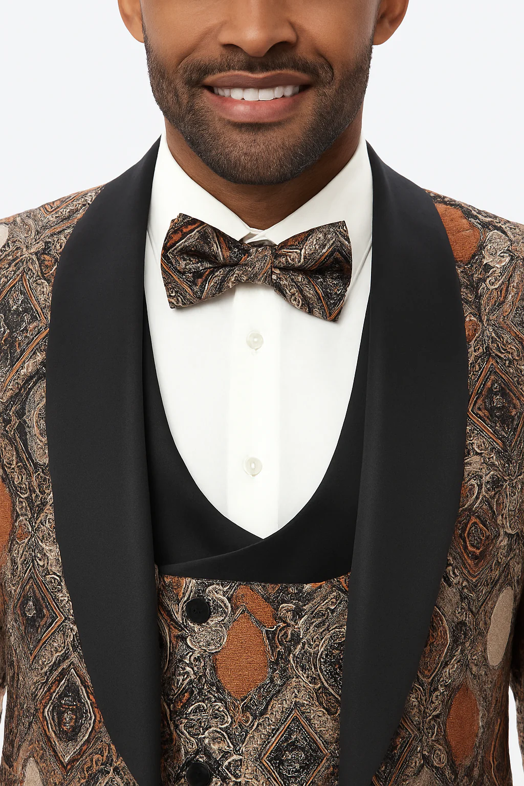 Men's Rust Geometric Pattern Tuxedo with Vest & Bowtie – One Button Formal Suit