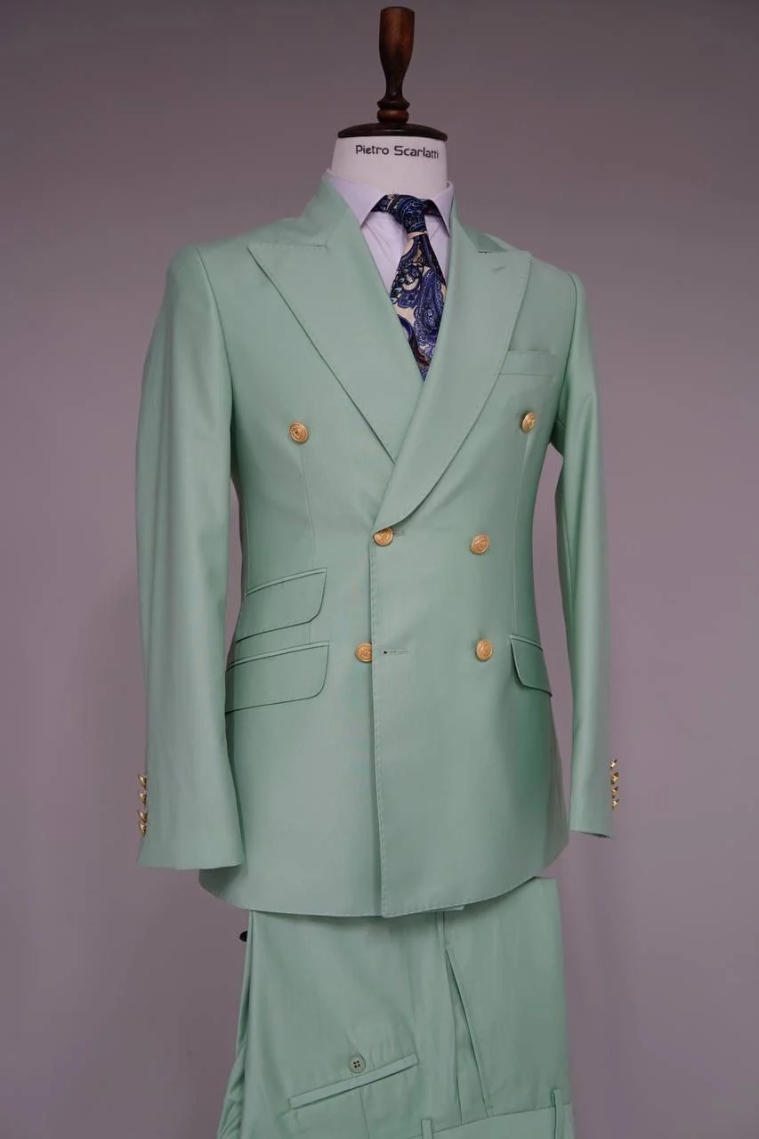 Mens Sage Green Double-Breasted Suit with Gold Buttons – Formal Slim Fit 2-Piece Pistachio Color - Image 3