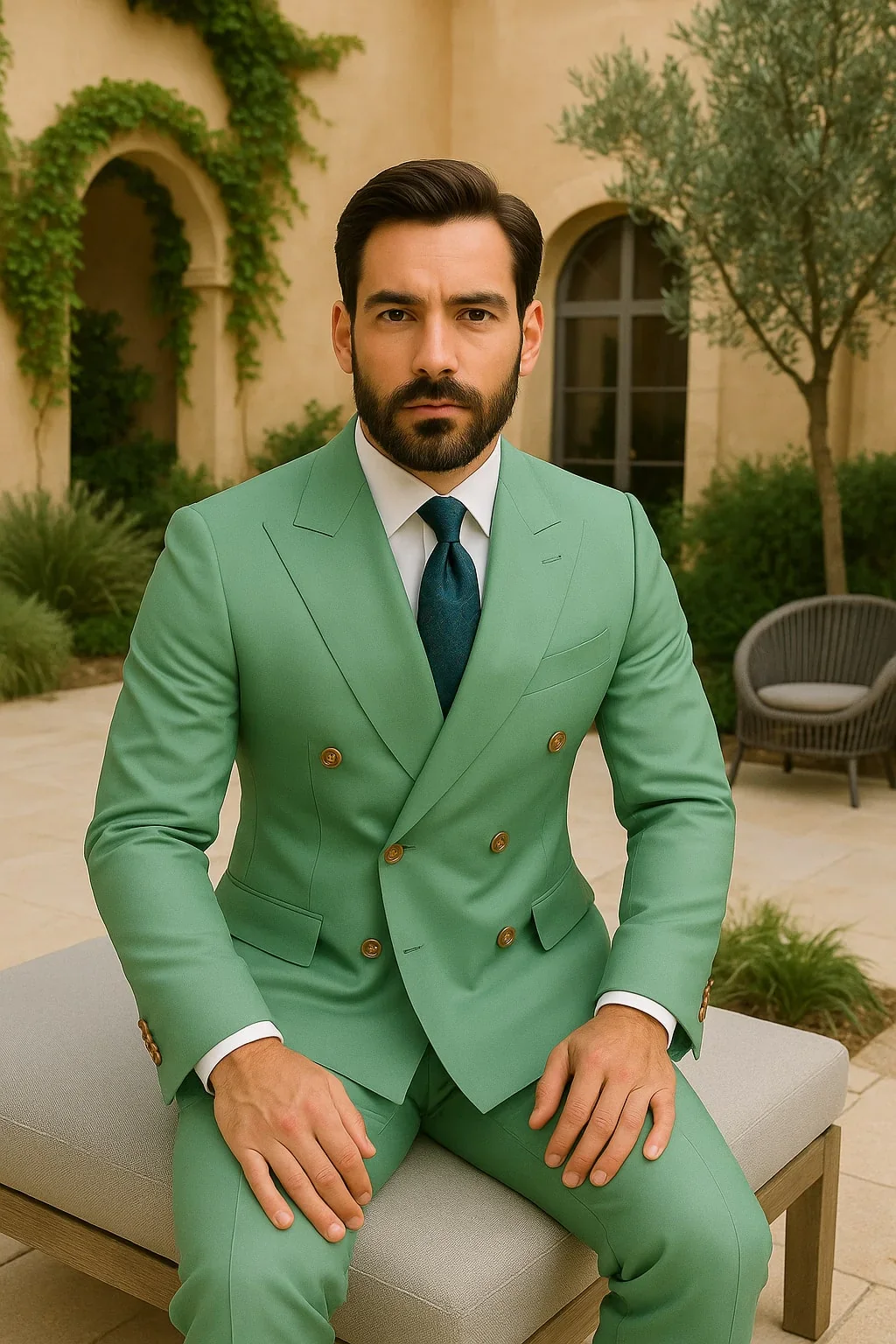 Mens Sage Green Double-Breasted Suits with Gold Button – Formal Slim Fit 2-Piece Pistachio Color - Image 3