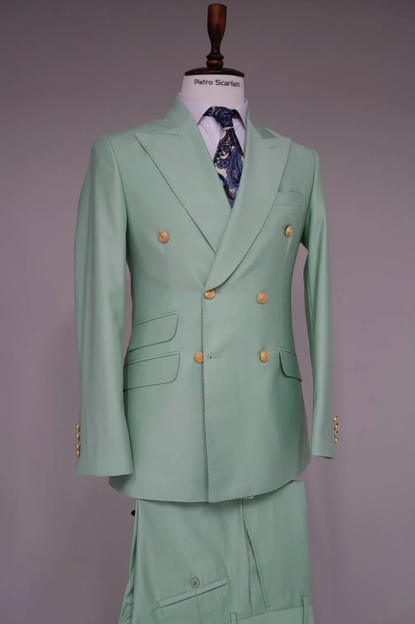 Mens Sage Green Double-Breasted Suits with Gold Button – Formal Slim Fit 2-Piece Pistachio Color - Image 4