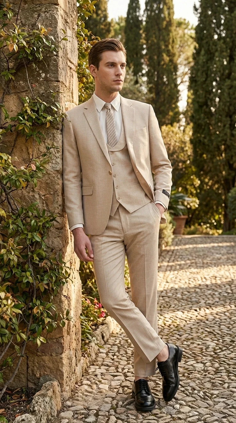 Mens Sand Beige 3 Piece Suit – Double breasted Vest Formal Suit Set  and Dress Pants in Champaign Natural Summer Color - Image 10