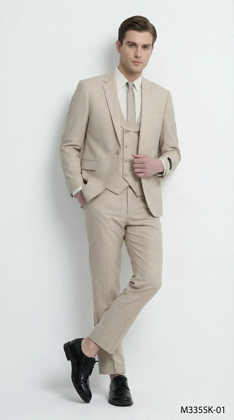 Mens Sand Beige 3 Piece Suit – Double breasted Vest Formal Suit Set  and Dress Pants in Champaign Natural Summer Color - Image 11