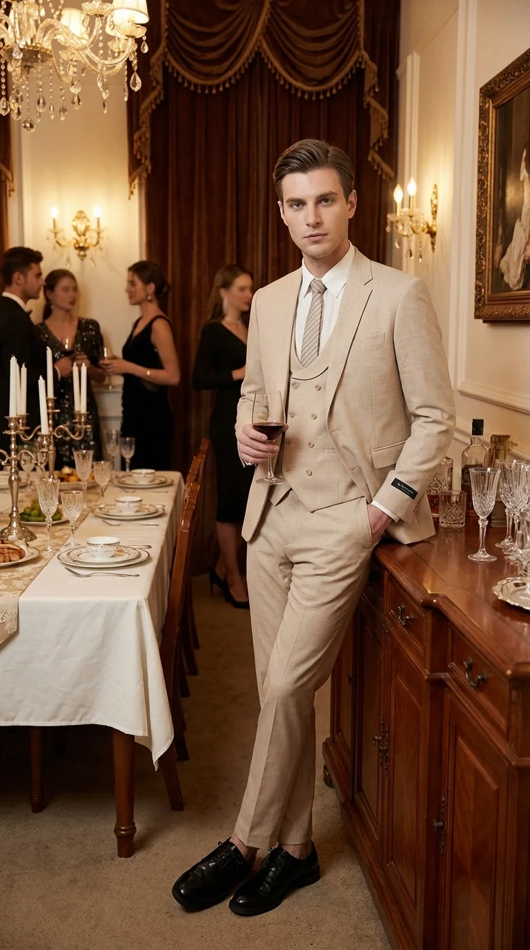 Mens Sand Beige 3 Piece Suit – Double breasted Vest Formal Suit Set  and Dress Pants in Champaign Natural Summer Color - Image 12