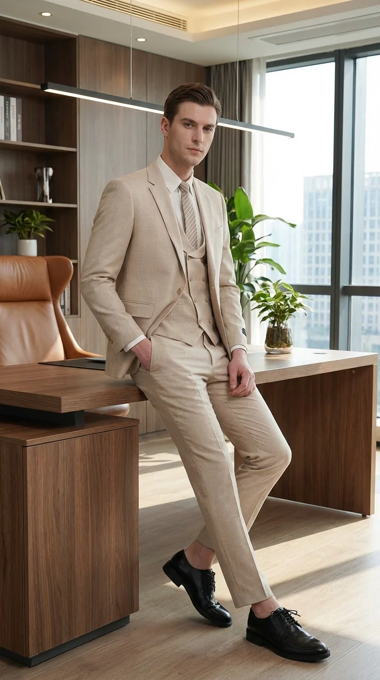 Mens Sand Beige 3 Piece Suit – Double breasted Vest Formal Suit Set  and Dress Pants in Champaign Natural Summer Color - Image 13