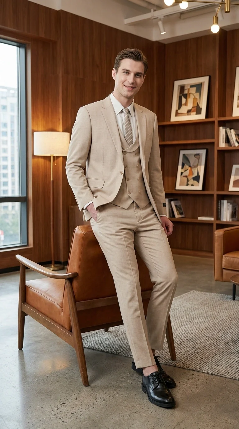 Mens Sand Beige 3 Piece Suit – Double breasted Vest Formal Suit Set  and Dress Pants in Champaign Natural Summer Color - Image 14
