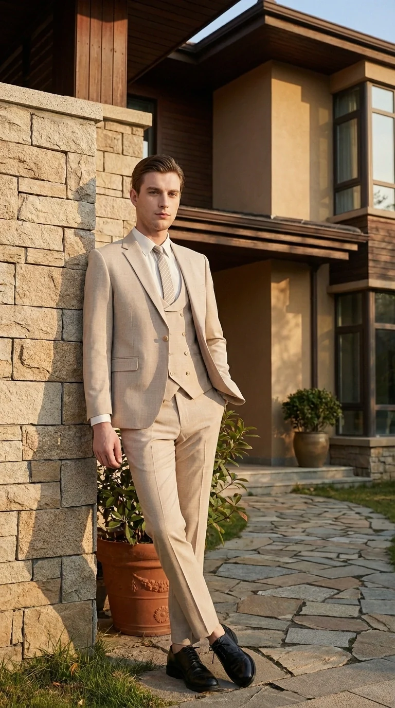 Mens Sand Beige 3 Piece Suit – Double breasted Vest Formal Suit Set  and Dress Pants in Champaign Natural Summer Color - Image 15