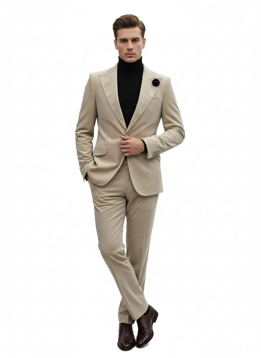 Mens Sand Beige Velvet Tuxedo Suit – 2 Piece Slim Fit Blazer and Pants Formal Set - Winter Fabric Natural Color - Image 6