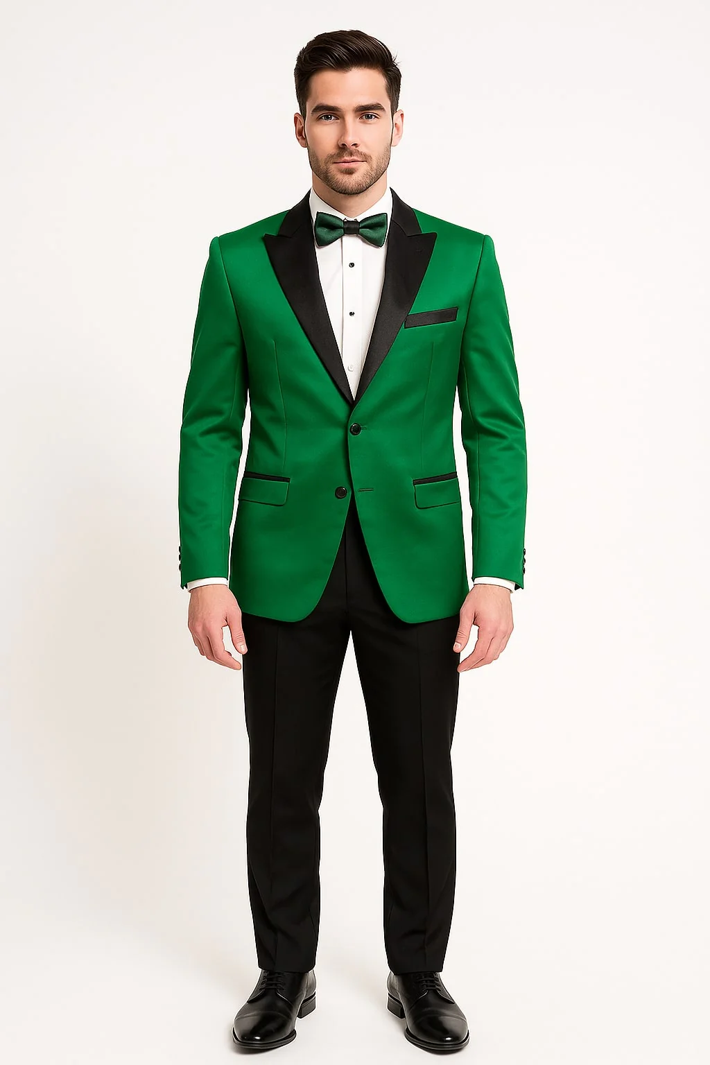 Men's Sateen Emerlad Green Tuxedo Jacket with Black Satin Lapel and Bow Tie – Slim Fit Prom and Party Blazer - Image 2