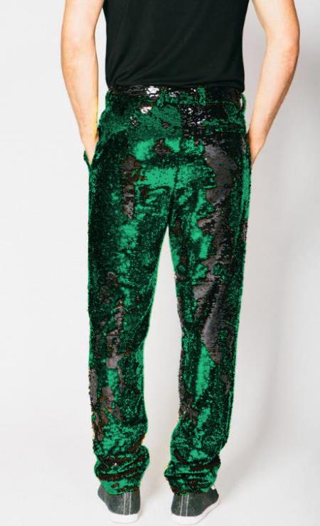 Mens Sequin Pants - Emerald Green Dress Party Pants - Image 2