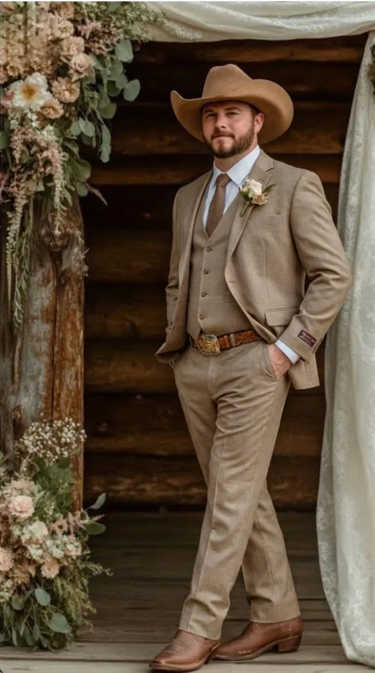 Mens Sharkskin Dark Taupe Tan with sheen Western 3 Piece Suit – Classic Country Style Blazer Vest Pants Set, Formal Cowboy Suit Outfit