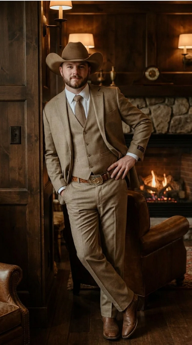 Mens Sharkskin Dark Taupe Tan with sheen Western 3 Piece Suit – Classic Country Style Blazer Vest Pants Set, Formal Cowboy Suit Outfit - Image 10