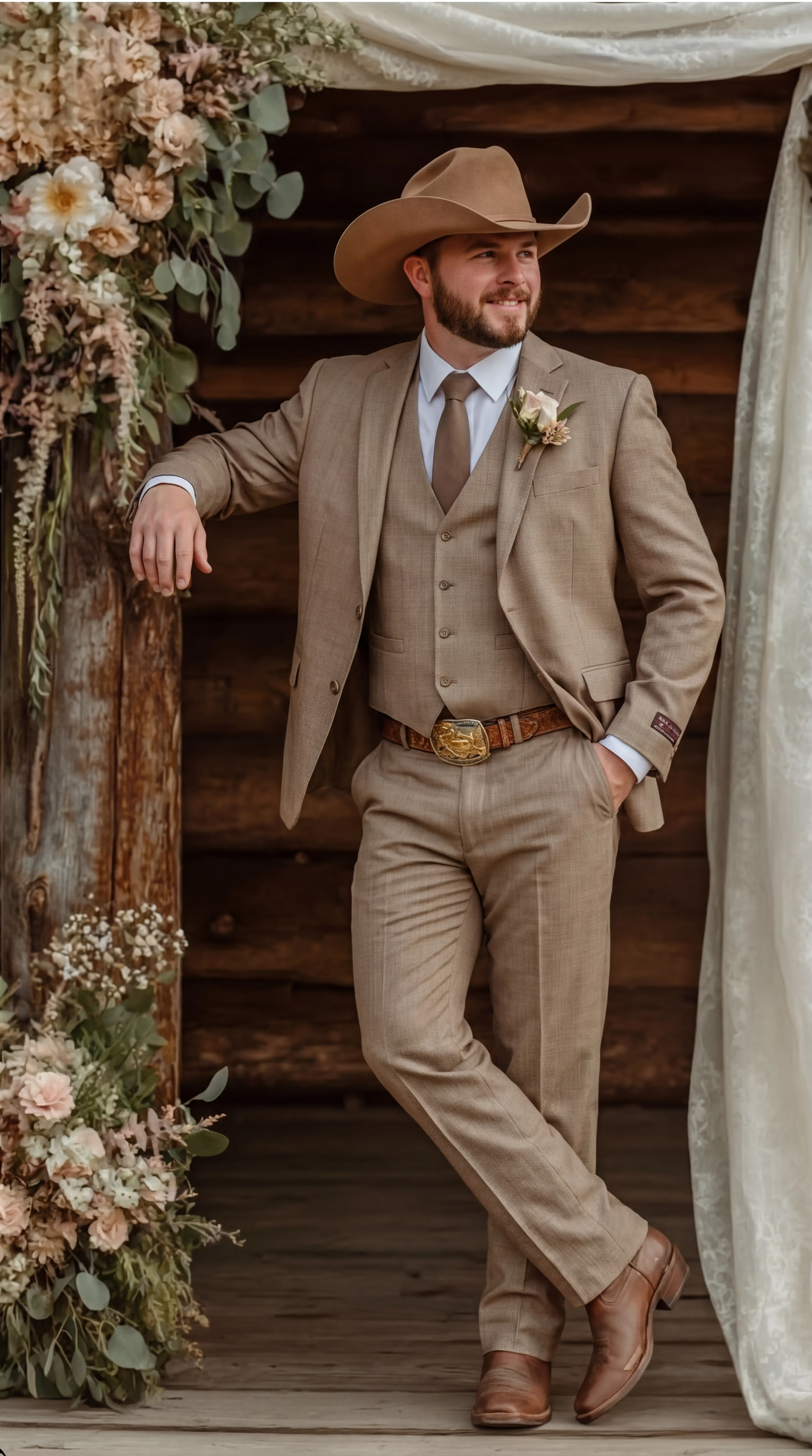 Mens Sharkskin Dark Taupe Tan with sheen Western 3 Piece Suit – Classic Country Style Blazer Vest Pants Set, Formal Cowboy Suit Outfit - Image 13