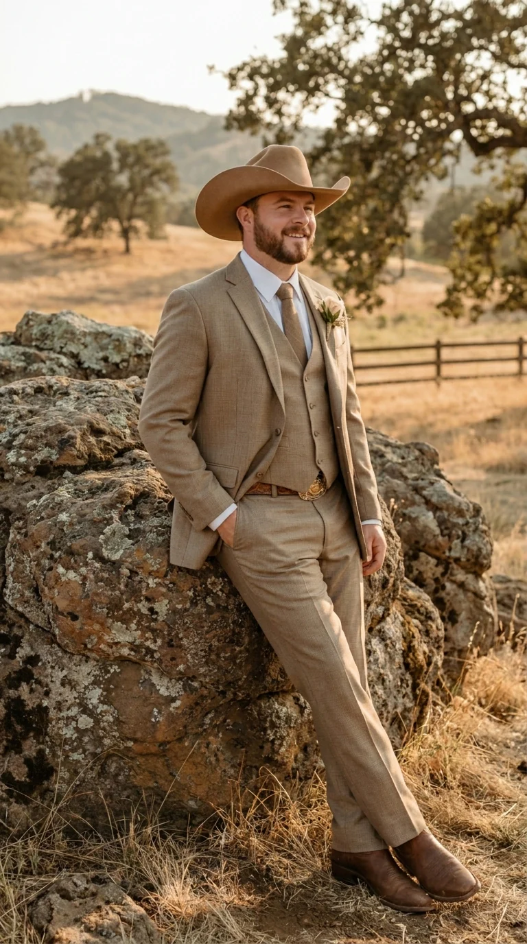 Mens Sharkskin Dark Taupe Tan with sheen Western 3 Piece Suit – Classic Country Style Blazer Vest Pants Set, Formal Cowboy Suit Outfit - Image 14