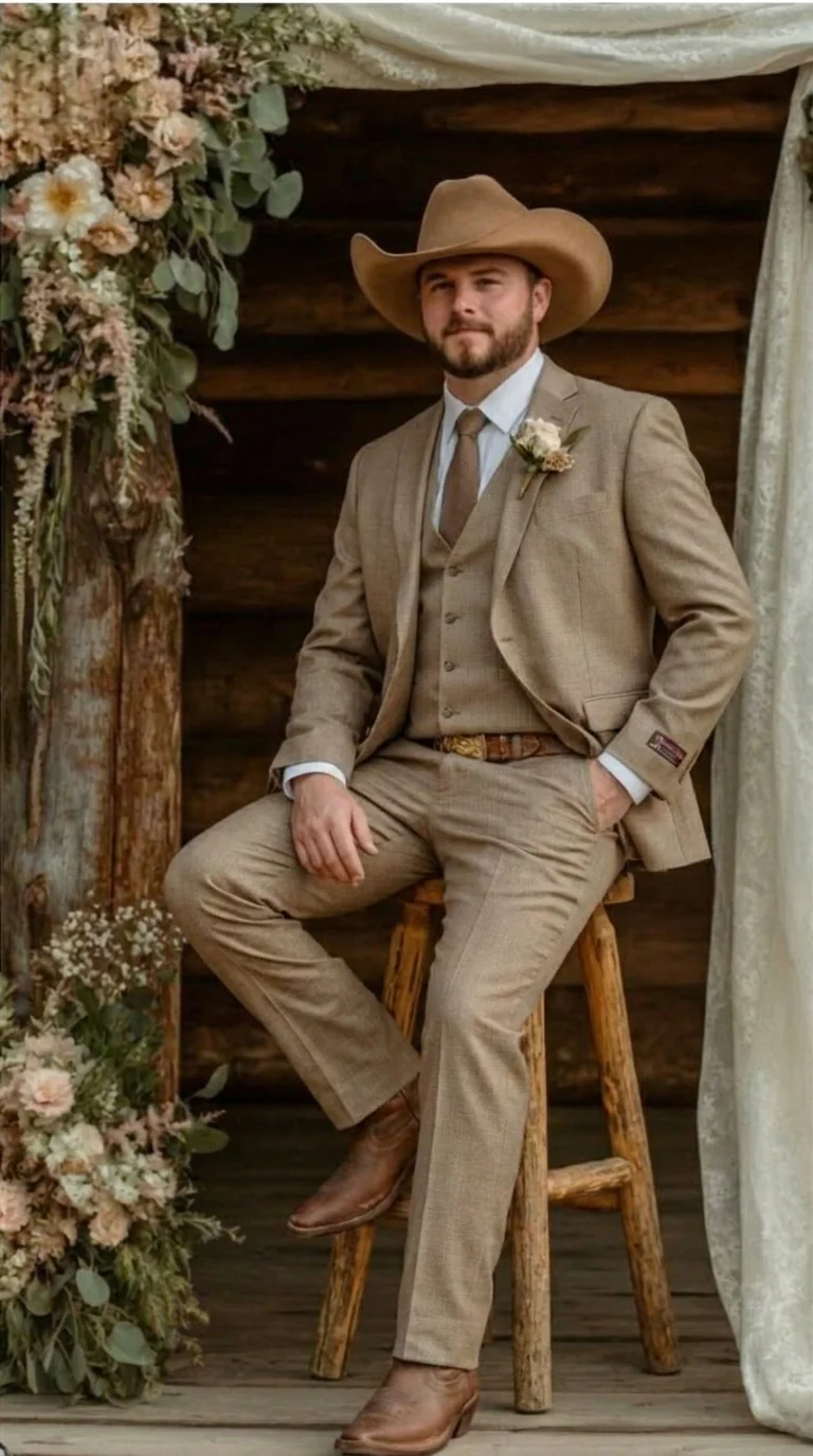 Mens Sharkskin Dark Taupe Tan with sheen Western 3 Piece Suit – Classic Country Style Blazer Vest Pants Set, Formal Cowboy Suit Outfit - Image 15
