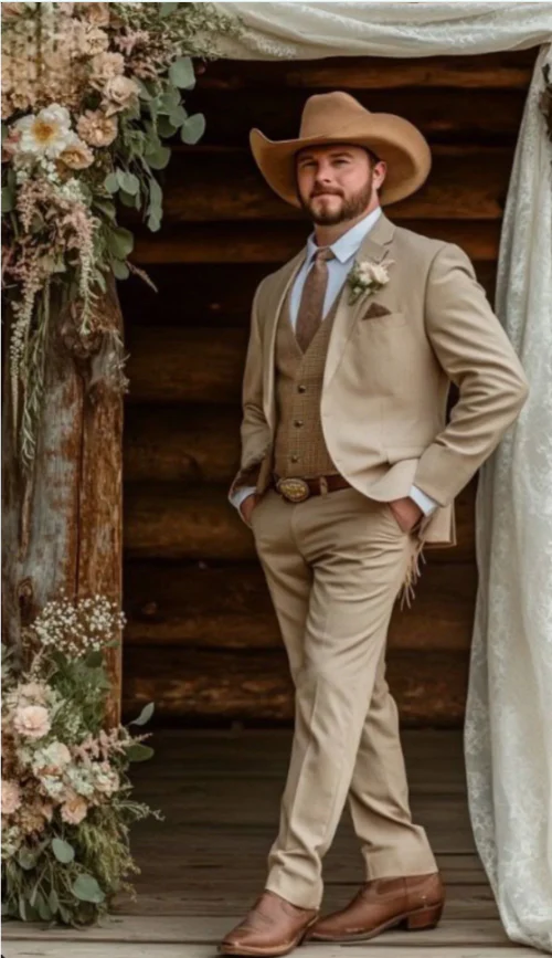 Mens Sharkskin Dark Taupe Tan with sheen Western 3 Piece Suit – Classic Country Style Blazer Vest Pants Set, Formal Cowboy Suit Outfit - Image 17