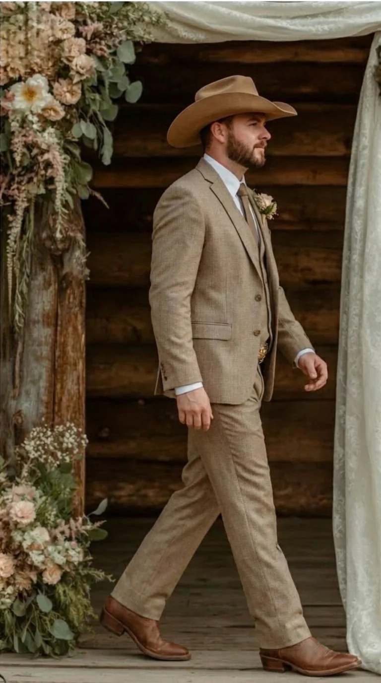 Mens Sharkskin Dark Taupe Tan with sheen Western 3 Piece Suit – Classic Country Style Blazer Vest Pants Set, Formal Cowboy Suit Outfit - Image 3