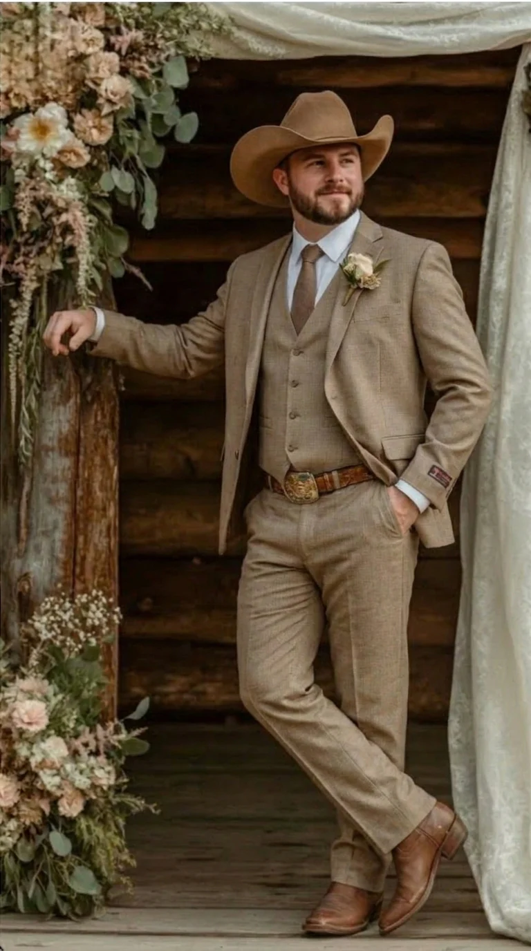 Mens Sharkskin Dark Taupe Tan with sheen Western 3 Piece Suit – Classic Country Style Blazer Vest Pants Set, Formal Cowboy Suit Outfit - Image 5