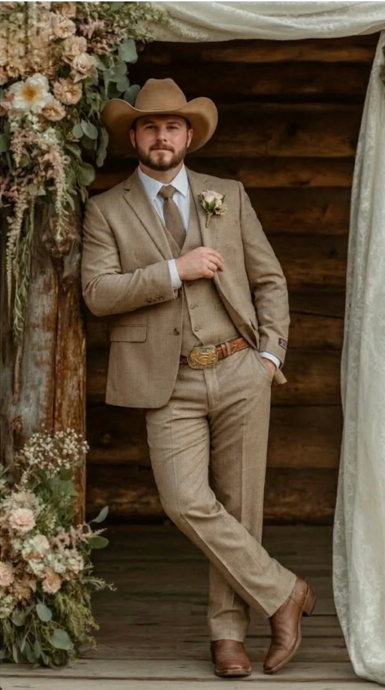 Mens Sharkskin Dark Taupe Tan with sheen Western 3 Piece Suit – Classic Country Style Blazer Vest Pants Set, Formal Cowboy Suit Outfit - Image 6