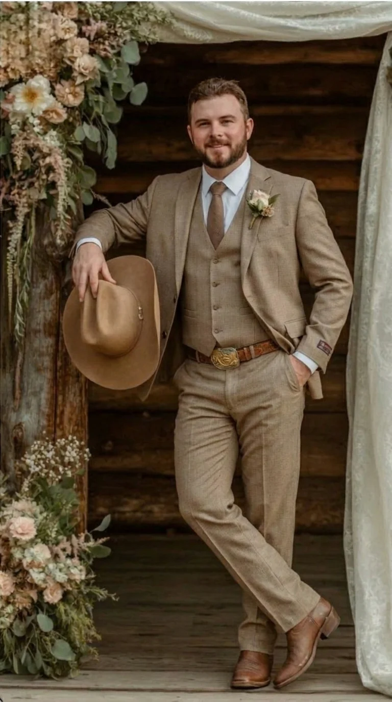 Mens Sharkskin Dark Taupe Tan with sheen Western 3 Piece Suit – Classic Country Style Blazer Vest Pants Set, Formal Cowboy Suit Outfit - Image 7
