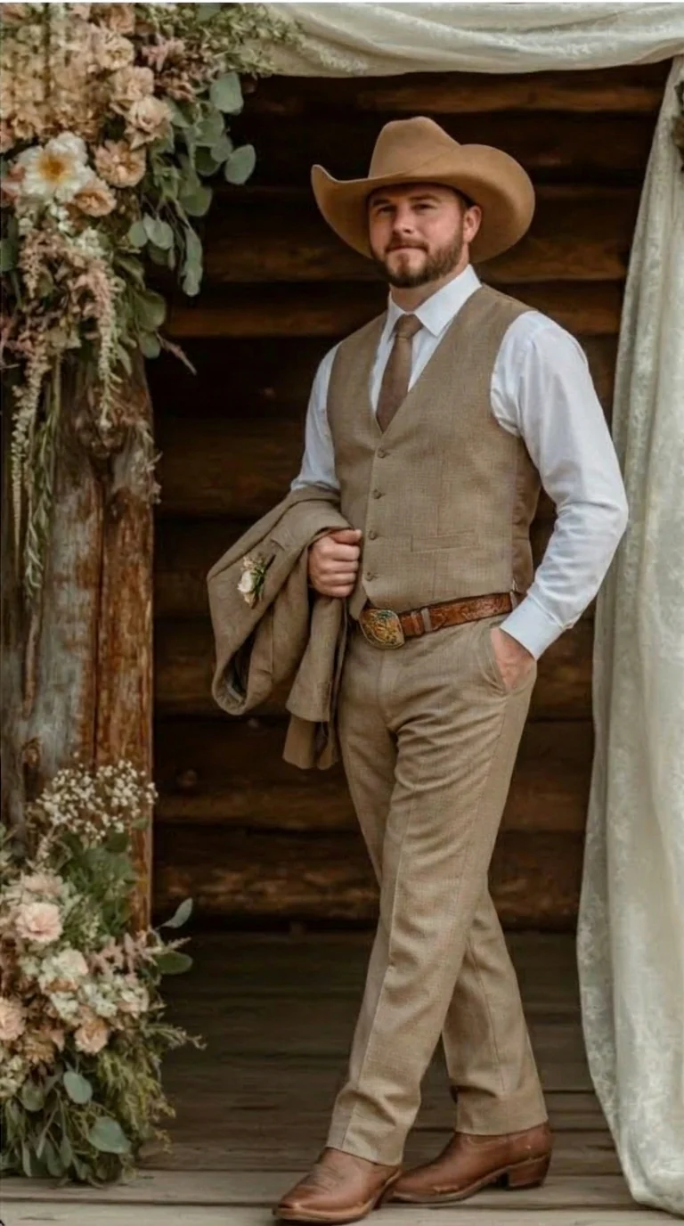 Mens Sharkskin Dark Taupe Tan with sheen Western 3 Piece Suit – Classic Country Style Blazer Vest Pants Set, Formal Cowboy Suit Outfit - Image 8