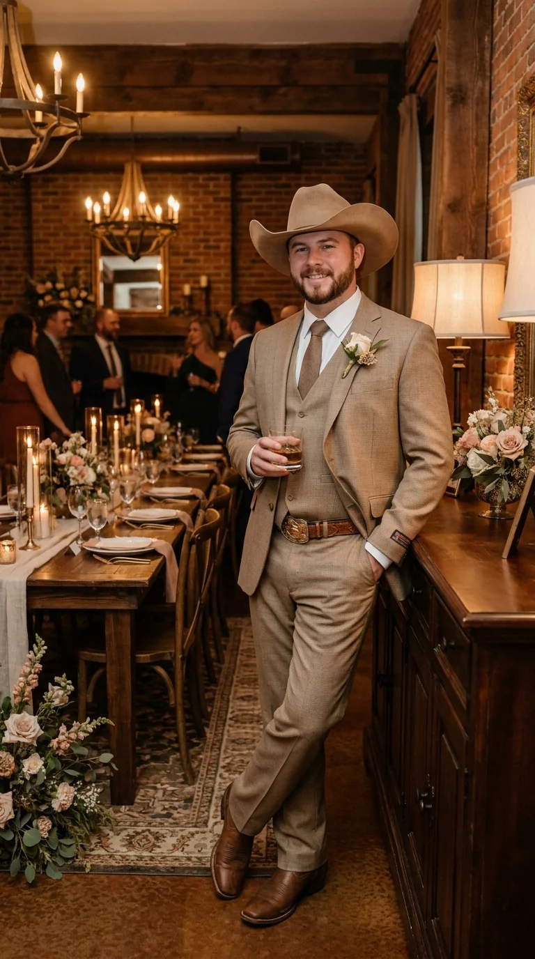 Mens Sharkskin Dark Taupe Tan with sheen Western 3 Piece Suit – Classic Country Style Blazer Vest Pants Set, Formal Cowboy Suit Outfit - Image 9