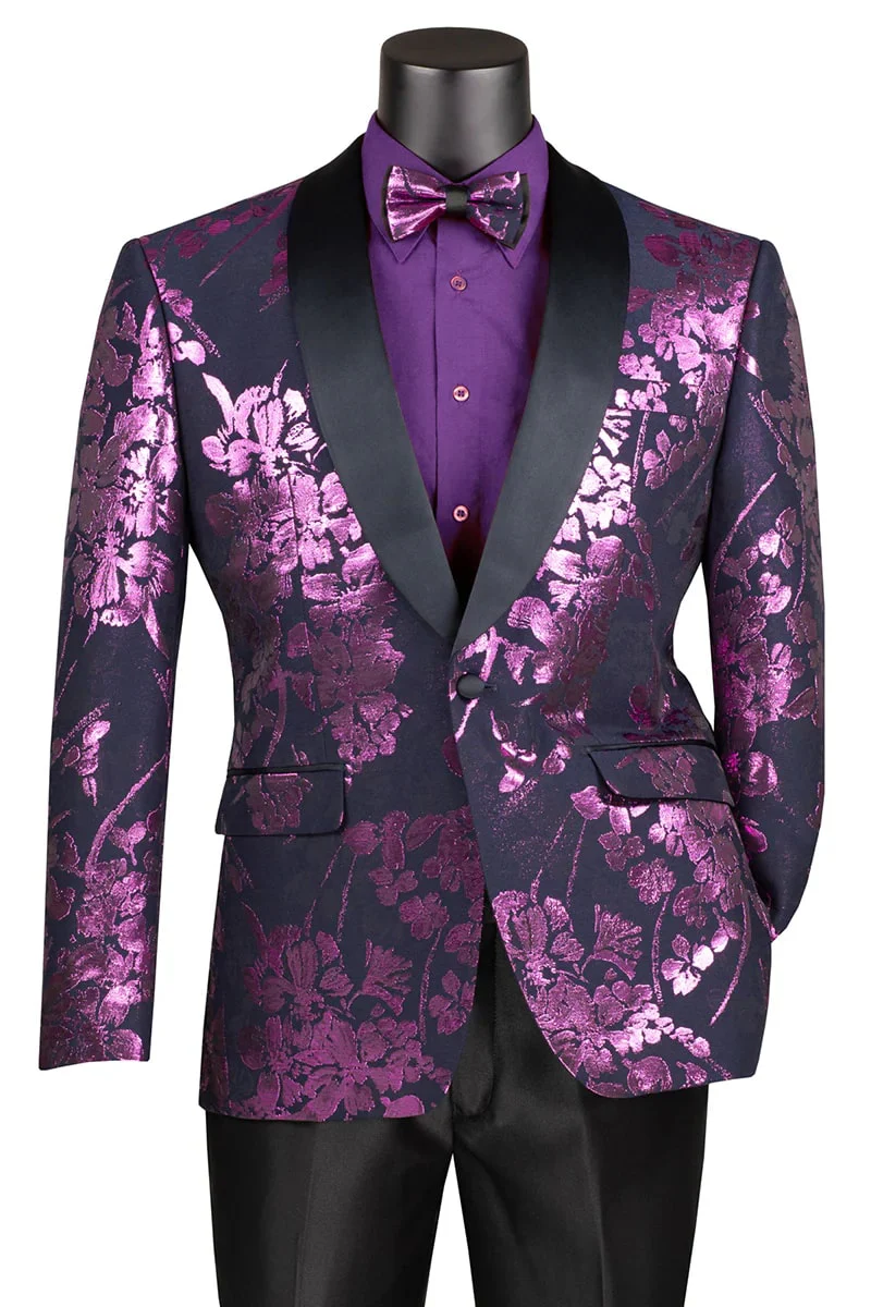 Men's Shiny Foil Floral Paisley Prom & Wedding Tuxedo Jacket in Purple Lavender Purple Prom Tuxedos