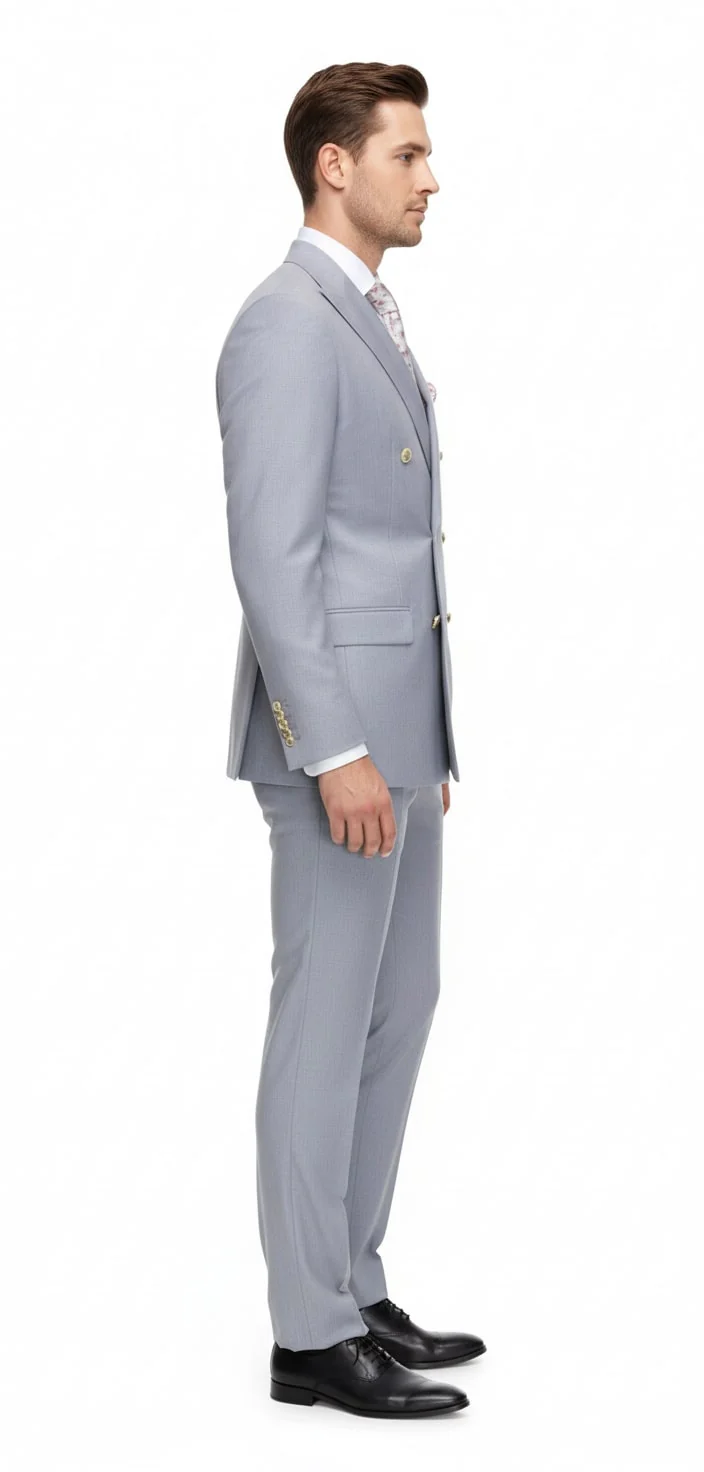 Mens Silver Grey Double-Breasted 3-Piece Suit – Classic Tailored Fit with Peak Lapel and Gold Buttons for Weddings, Church and Formal Events - Image 3