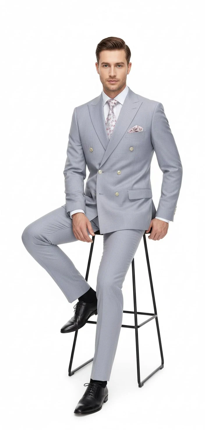 Mens Silver Grey Double-Breasted 3-Piece Suit – Classic Tailored Fit with Peak Lapel and Gold Buttons for Weddings, Church and Formal Events - Image 4
