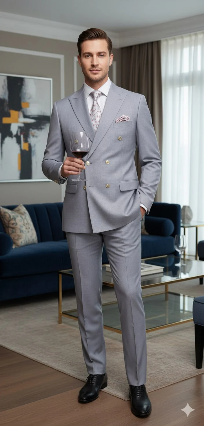 Mens Silver Grey Double-Breasted 3-Piece Suit – Classic Tailored Fit with Peak Lapel and Gold Buttons for Weddings, Church and Formal Events - Image 5