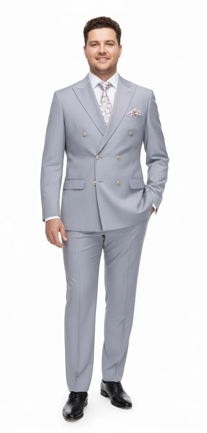 Mens Silver Grey Double-Breasted 3-Piece Suit – Classic Tailored Fit with Peak Lapel and Gold Buttons for Weddings, Church and Formal Events - Image 7