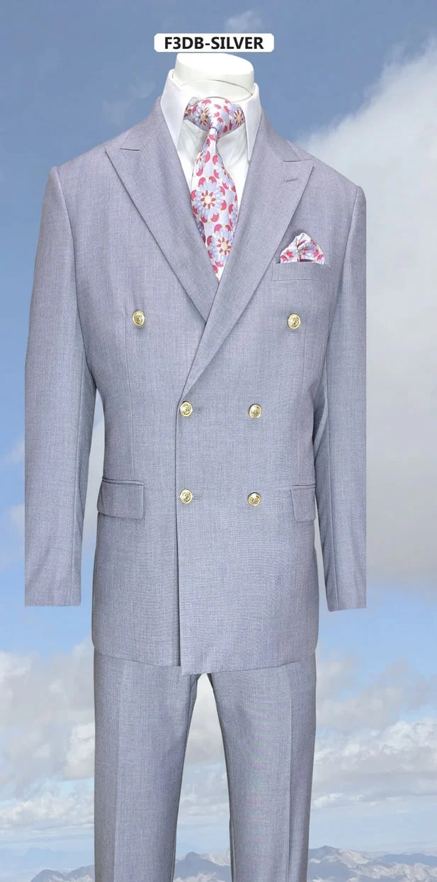 Mens Silver Grey Double-Breasted 3-Piece Suit – Classic Tailored Fit with Peak Lapel and Gold Buttons for Weddings, Church and Formal Events - Image 8