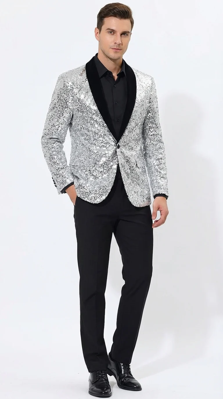 Men’s Silver Sequin Blazer Disco Style Jacket – Black Lapel Party Blazer, Shiny Evening Wear, 70s Dance Outfit, Formal Event Jacket