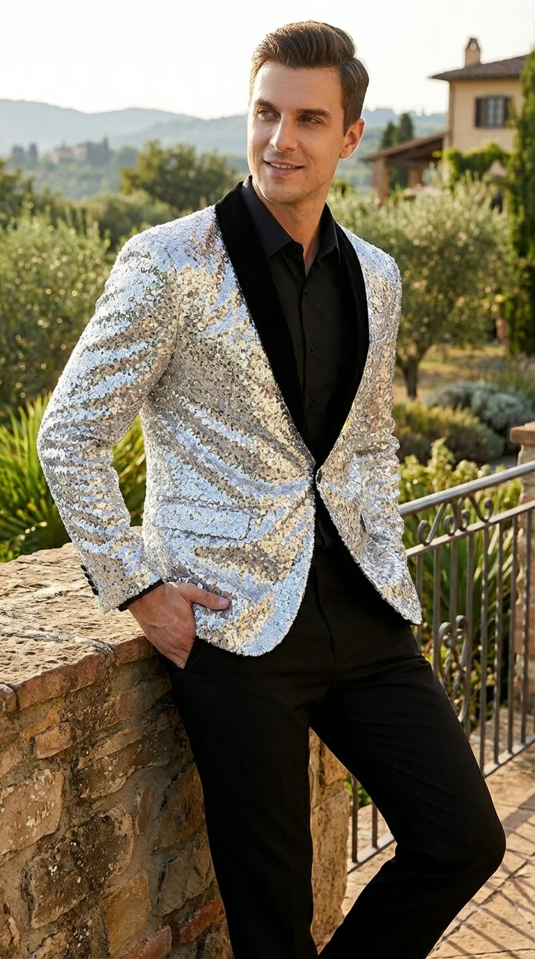 Men’s Silver Sequin Blazer Disco Style Jacket – Black Lapel Party Blazer, Shiny Evening Wear, 70s Dance Outfit, Formal Event Jacket - Image 13