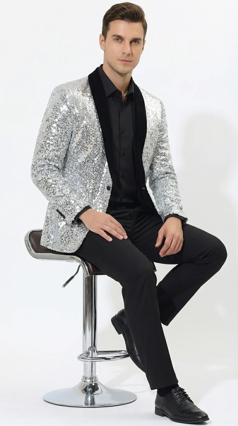 Men’s Silver Sequin Blazer Disco Style Jacket – Black Lapel Party Blazer, Shiny Evening Wear, 70s Dance Outfit, Formal Event Jacket - Image 14
